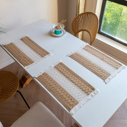 White-Green Bohemian Woven Table Runner with Tassels(30X183CM) - Wrinkle-Resistant Striped Table Scarf for Wedding, Holiday & Outdoor Party
