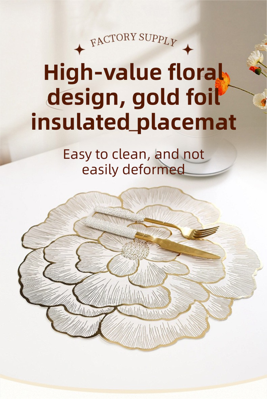 4-Pack Gold Luxury Bronzing Floral Heat-Insulated Placemats - Peony Style Anti-Slip & Waterproof PVC Table Mats(38x38CM)