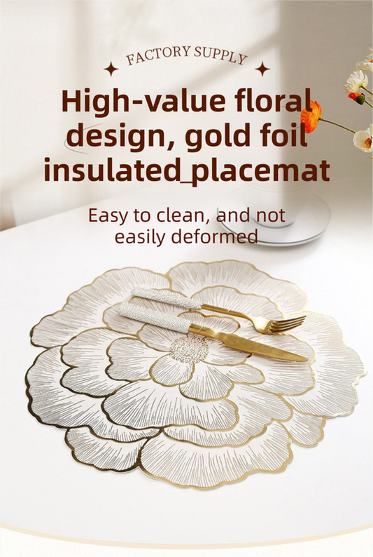 4-Pack Gold & Grey Luxury Bronzing Floral Heat-Insulated Placemats - Peony Style Anti-Slip & Waterproof PVC Table Mats(38x38CM)