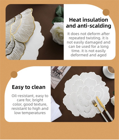 4-Pack Sliver & Grey Luxury Bronzing Floral Heat-Insulated Placemats - Peony Style Anti-Slip & Waterproof PVC Table Mats(38x38CM)