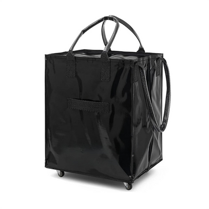 Black Portable Folding Shopping Trolley Bag(50x40x30CM) - Durable Woven Fabric, Reusable Grocery Bag with Wheels for Effortless Travel