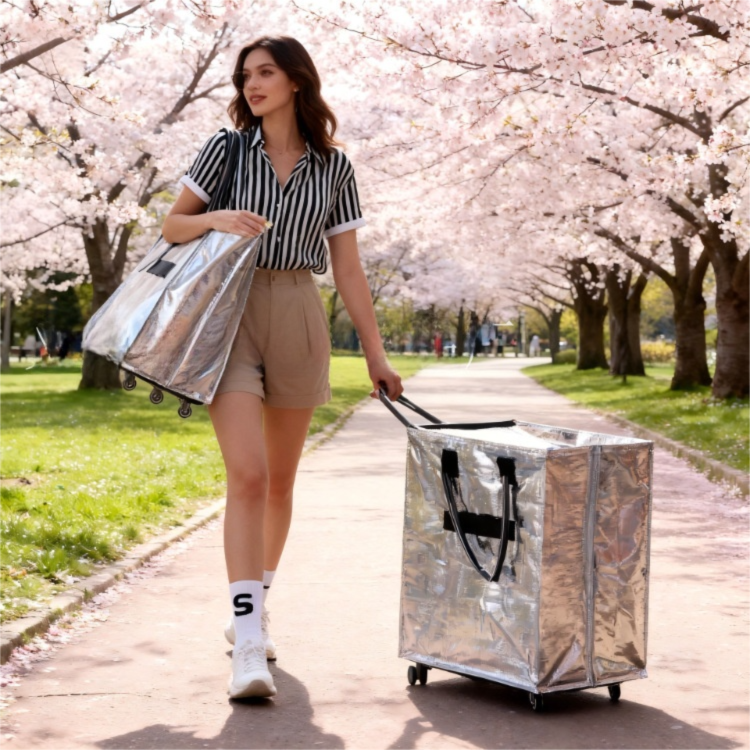 Black Portable Folding Shopping Trolley Bag(50x40x30CM) - Durable Woven Fabric, Reusable Grocery Bag with Wheels for Effortless Travel