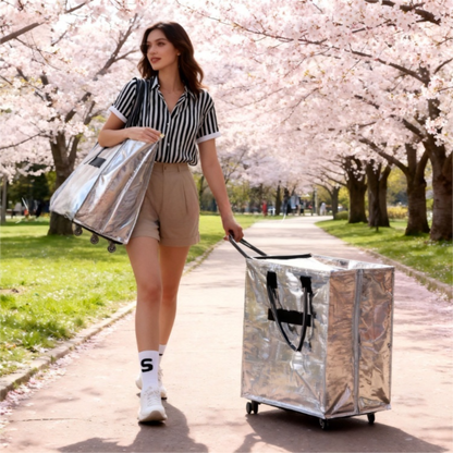 Black Portable Folding Shopping Trolley Bag(50x40x30CM) - Durable Woven Fabric, Reusable Grocery Bag with Wheels for Effortless Travel