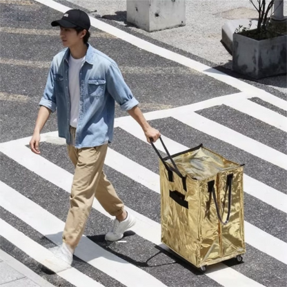 Rose-Gold Portable Folding Shopping Trolley Bag(50x40x30CM) - Durable Woven Fabric, Reusable Grocery Bag with Wheels for Effortless Travel