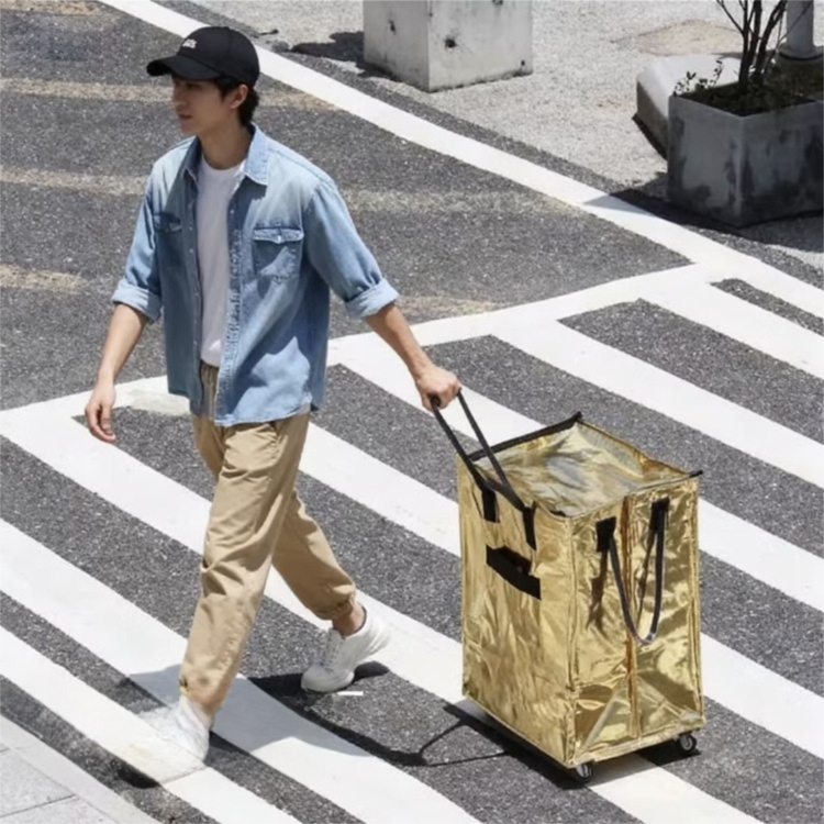 Gold Portable Folding Shopping Trolley Bag(50x40x30CM) - Durable Woven Fabric, Reusable Grocery Bag with Wheels for Effortless Travel