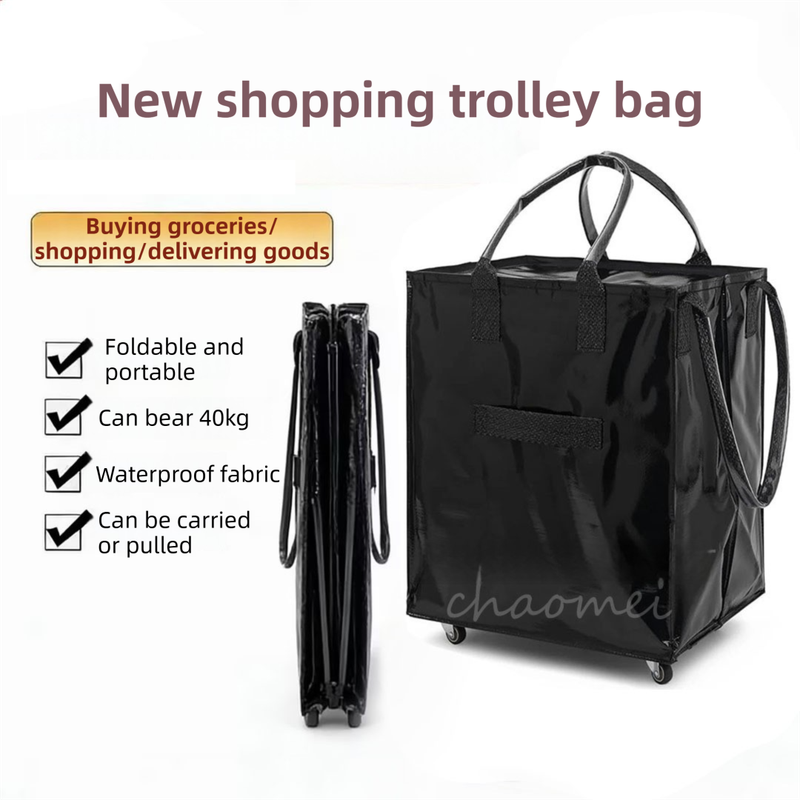 Red Portable Folding Shopping Trolley Bag(50x40x30CM) - Durable Woven Fabric, Reusable Grocery Bag with Wheels for Effortless Travel