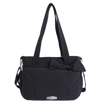 Black Puffy Quilted Nylon Hobo & Crossbody Bag with Cute Bowknot - Trendy Large-Capacity Handbag with Multiple Compartments