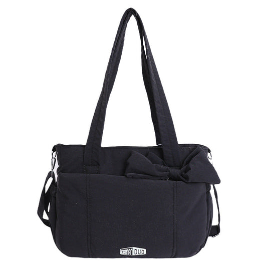 Black Puffy Quilted Nylon Hobo & Crossbody Bag with Cute Bowknot - Trendy Large-Capacity Handbag with Multiple Compartments