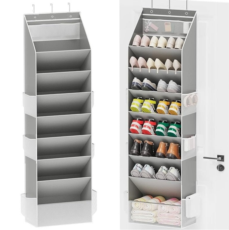 Grey 8-Tier Over-the-Door Shoe Organizer with 7 Slanted & 1 Flat & 6 Side Pockets - Multi-Functional Wall Mount  for Shoes, Bags and Towels