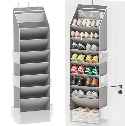 Grey 8-Tier Over-the-Door Shoe Organizer with 7 Slanted & 1 Flat & 6 Side Pockets - Multi-Functional Wall Mount  for Shoes, Bags and Towels