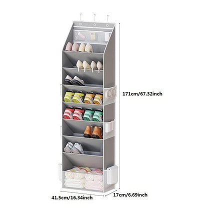 Grey 8-Tier Over-the-Door Shoe Organizer with 7 Slanted & 1 Flat & 6 Side Pockets - Multi-Functional Wall Mount  for Shoes, Bags and Towels