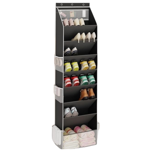 Black 8-Tier Over-the-Door Shoe Organizer with 7 Slanted & 1 Flat & 6 Side Pockets - Multi-Functional Wall Mount  for Shoes, Bags and Towels