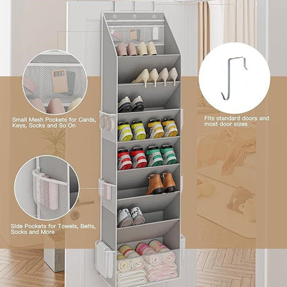 Black 8-Tier Over-the-Door Shoe Organizer with 7 Slanted & 1 Flat & 6 Side Pockets - Multi-Functional Wall Mount  for Shoes, Bags and Towels