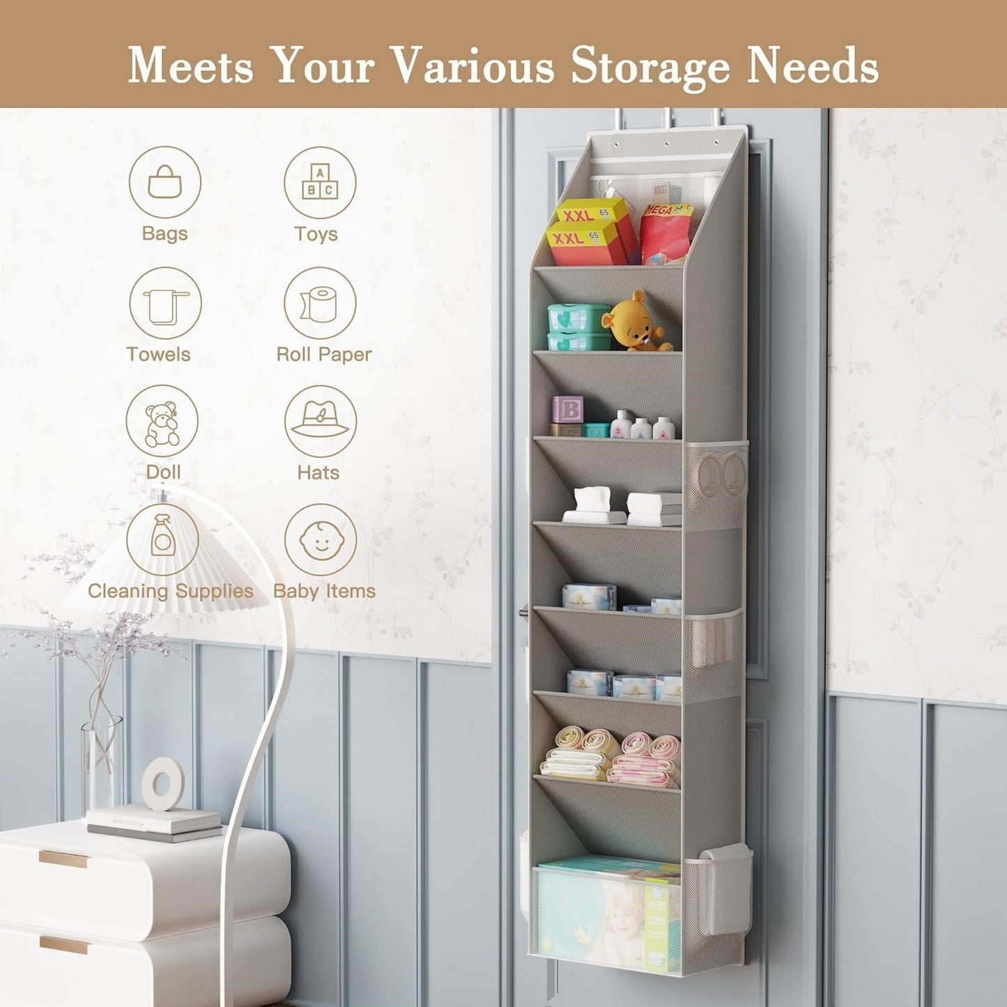 Black 8-Tier Over-the-Door Shoe Organizer with 7 Slanted & 1 Flat & 6 Side Pockets - Multi-Functional Wall Mount  for Shoes, Bags and Towels