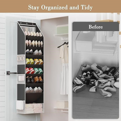 Black 8-Tier Over-the-Door Shoe Organizer with 7 Slanted & 1 Flat & 6 Side Pockets - Multi-Functional Wall Mount  for Shoes, Bags and Towels