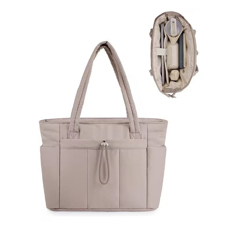 Khaki Quilted Puffer Nylon Tote/Laptop Bag for Women with Internal Cup Holder and Front & Side Pockets - Multi-Pocket Travel Handbag 15.7 x 12.2 x6.3"