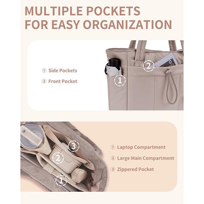 Khaki Quilted Puffer Nylon Tote/Laptop Bag for Women with Internal Cup Holder and Front & Side Pockets - Multi-Pocket Travel Handbag 15.7 x 12.2 x6.3"