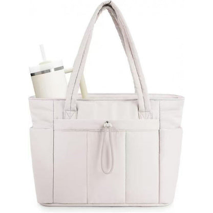 White Quilted Puffer Nylon Tote/Laptop Bag for Women with Internal Cup Holder and Front & Side Pockets - Multi-Pocket Travel Handbag 15.7 x 12.2 x6.3"