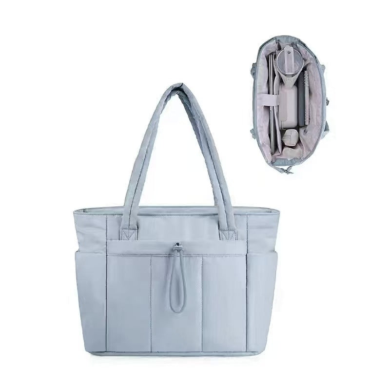 Blue Quilted Puffer Nylon Tote/Laptop Bag for Women with Internal Cup Holder and Front & Side Pockets - Multi-Pocket Travel Handbag 15.7 x 12.2 x6.3"