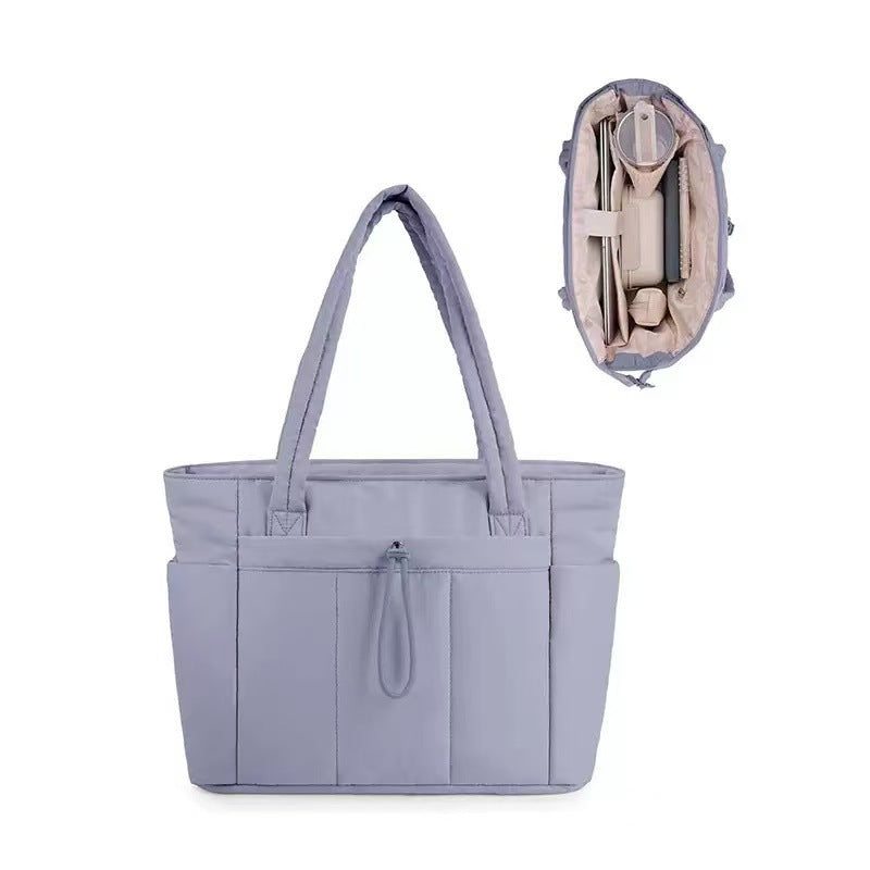 Purple Quilted Puffer Nylon Tote/Laptop Bag for Women with Internal Cup Holder and Front & Side Pockets - Multi-Pocket Travel Handbag 15.7 x 12.2 x6.3"