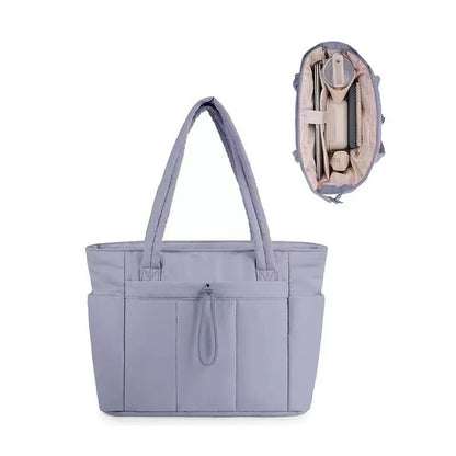 Purple Quilted Puffer Nylon Tote/Laptop Bag for Women with Internal Cup Holder and Front & Side Pockets - Multi-Pocket Travel Handbag 15.7 x 12.2 x6.3"