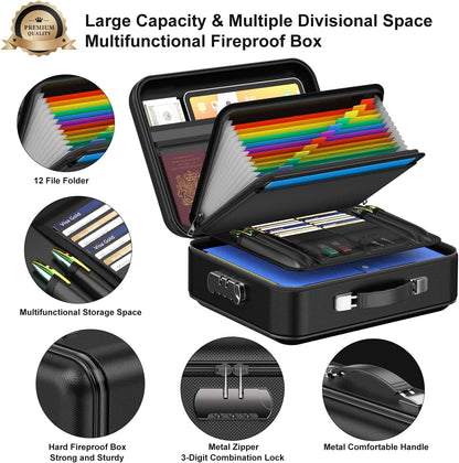 3-Layer Fireproof & Waterproof File Organizer Box(38x28x13CM) with Security Lock - EVA Muti-Functional Safety Briefcase for Certificates, Passports & Valuables
