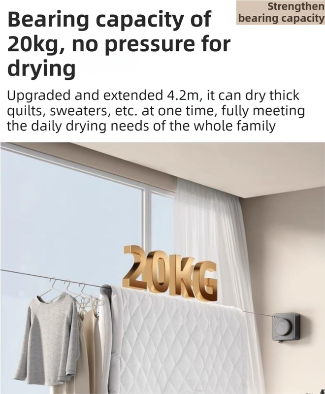 Black 4.2M Heavy Duty Invisible Retractable Clothesline - Rustproof & Drill-Free Laundry Hanger with 20kg Load Capacity
