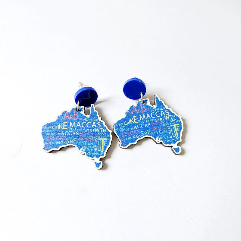 4-Pair Wooden Australia Map Silhouette Earrings - Lightweight Geometric Ear Drops, Cultural Decor Gift