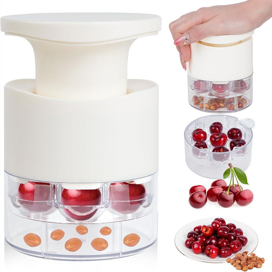 White Efficient 7-Hole Cherry Pitter Tool - Food Grade Push-Type Fruit Corer for Red Dates & Olives