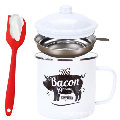 Retro 1200ML Enamel Lard Storage Jar - Acid & Alkali Resistant Oil Filter Pot with Fine Mesh Strainer & 17cm Scraping Spatula