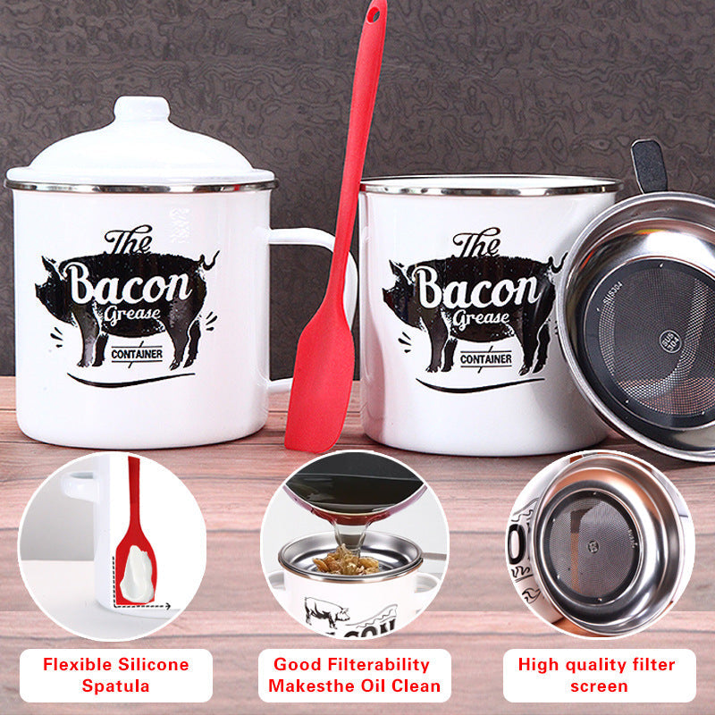 Retro 1200ML Enamel Lard Storage Jar - Acid & Alkali Resistant Oil Filter Pot with Fine Mesh Strainer & 17cm Scraping Spatula