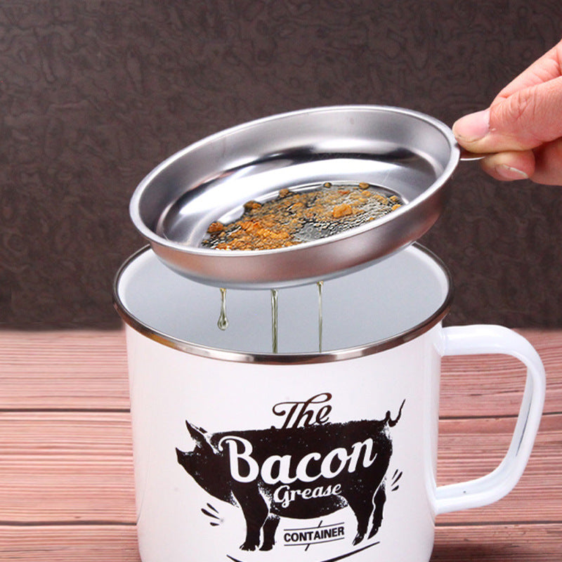 Retro 1200ML Enamel Lard Storage Jar - Acid & Alkali Resistant Oil Filter Pot with Fine Mesh Strainer & 17cm Scraping Spatula