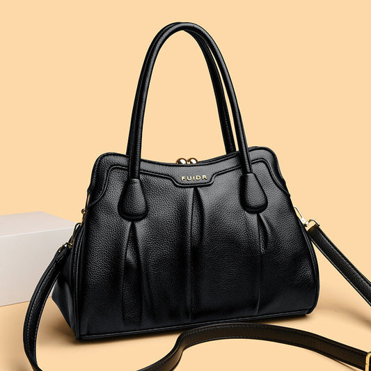 Black Women's Premium Wear-Resistant Leather Shoulder Bag - Vintage Frame Kiss-Lock Handbag & Crossbody Satchel
