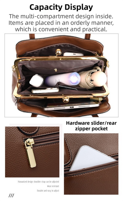 Black Women's Premium Wear-Resistant Leather Shoulder Bag - Vintage Frame Kiss-Lock Handbag & Crossbody Satchel