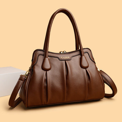 Brown Women's Premium Wear-Resistant Leather Shoulder Bag - Vintage Frame Kiss-Lock Handbag & Crossbody Satchel