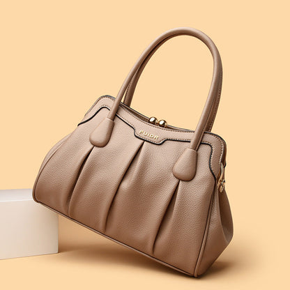 Khaki Women's Premium Wear-Resistant Leather Shoulder Bag - Vintage Frame Kiss-Lock Handbag & Crossbody Satchel