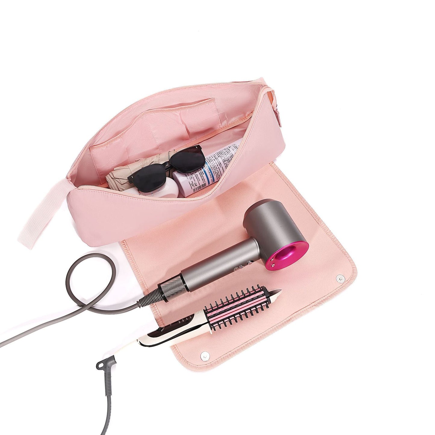 Pink Premium Insulated Roll-Up Travel Case for Hair Styling Tools & Blow Dryers with Muti-Pockets (18x5.5x5 Inch)