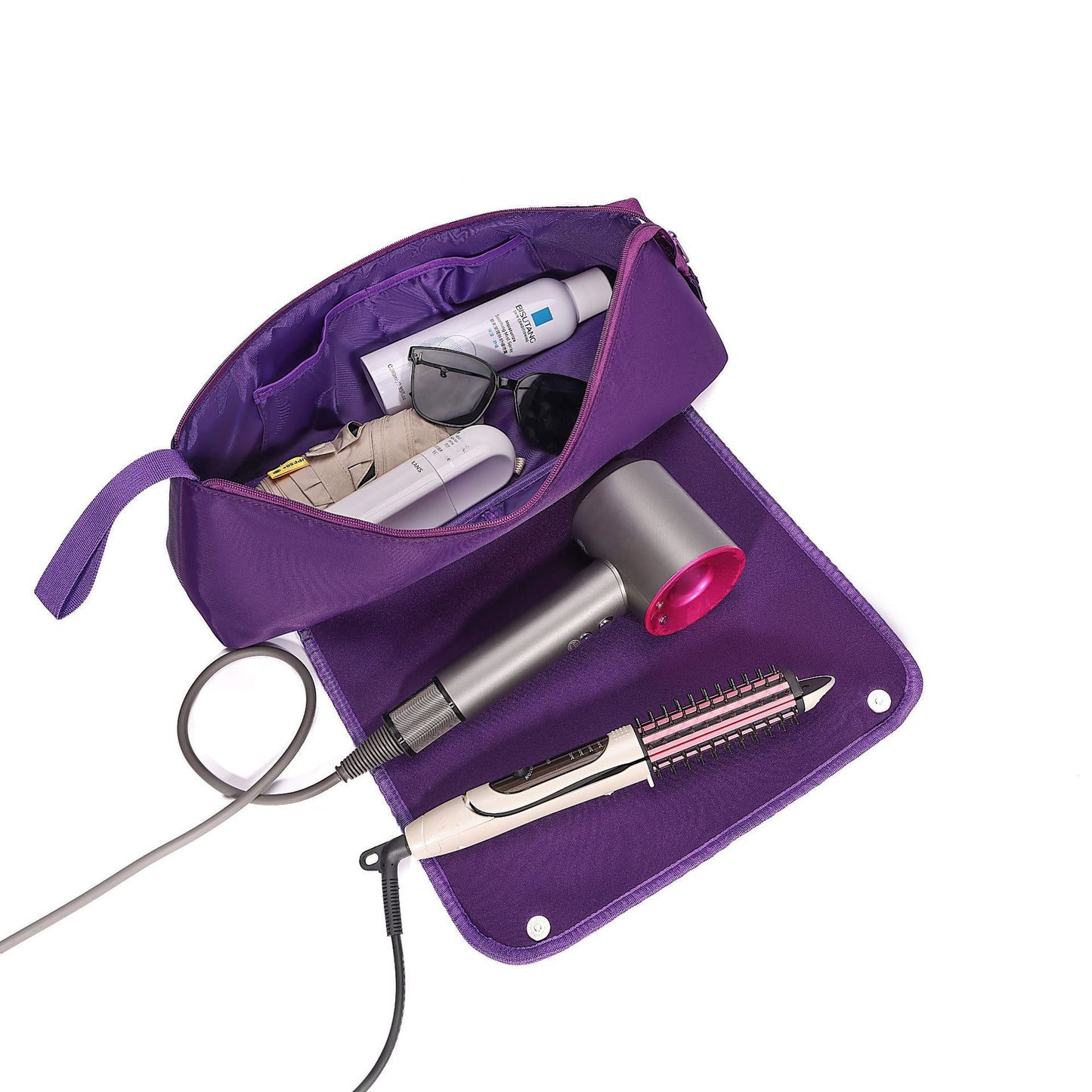 Purple Premium Insulated Roll-Up Travel Case for Hair Styling Tools & Blow Dryers with Muti-Pockets (18x5.5x5 Inch)