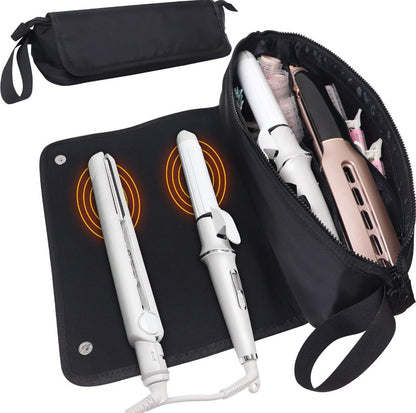 Black Premium Insulated Roll-Up Travel Case for Hair Styling Tools & Blow Dryers with Muti-Pockets (18x5.5x5 Inch)