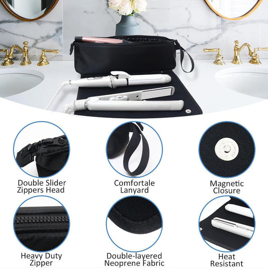 Black Premium Insulated Roll-Up Travel Case for Hair Styling Tools & Blow Dryers with Muti-Pockets (18x5.5x5 Inch)