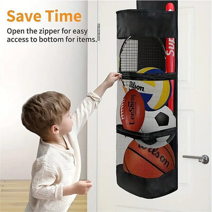 Over-the-Door Hanging Sports Gear Organizer With Zipper for Easy-Access to Bottom - Heavy-Duty Mesh Storage Bag for Balls & Kids' Toys