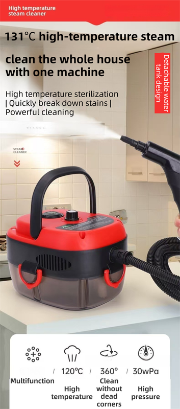 Red Portable High-Pressure Steam Cleaner with 1000ml Tank & 7-Piece Pro Brushes/Spray Nozzle Kit - 131Â°C High-Temp Deep Cleaning Machine for Kitchen Grease and Home Sanitization