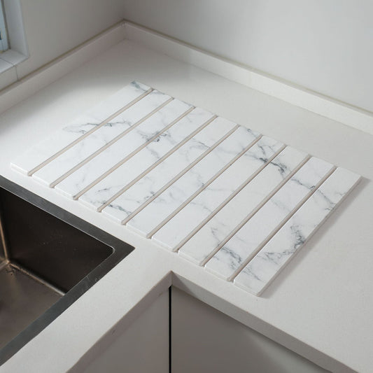 30x40cm Foldable Marble Pattern Kitchen Dish Drainer(Style 1) - Ultra-Absorbent Natural Stone Mat, Fast-Drying & Space-Saving