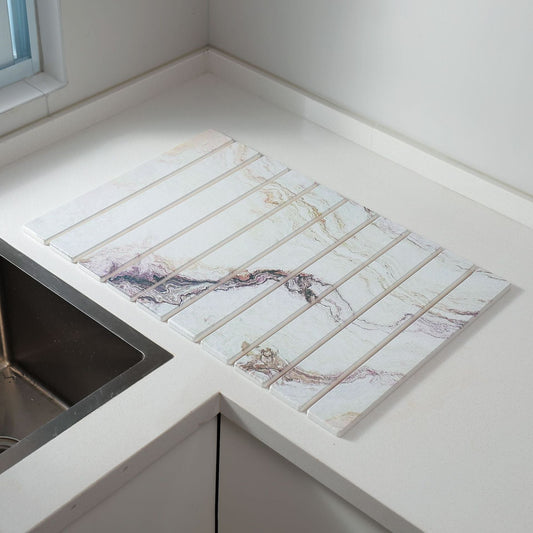 30x40cm Foldable Marble Pattern Kitchen Dish Drainer(Style 2) - Ultra-Absorbent Natural Stone Mat, Fast-Drying & Space-Saving