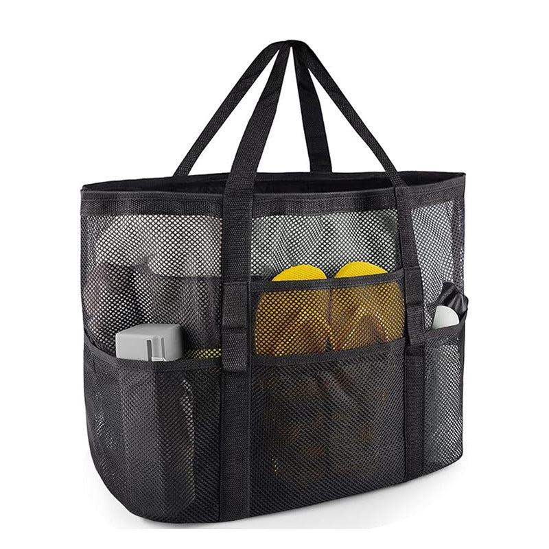 2-PCS Black Mesh Beach Tote Bag â€“ Large Capacity Swim Gear Organizer with Multiple Pockets for Shoes, Swimsuits, and Essentials