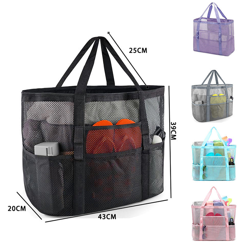 2-PCS Black Mesh Beach Tote Bag â€“ Large Capacity Swim Gear Organizer with Multiple Pockets for Shoes, Swimsuits, and Essentials