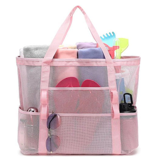 2-PCS Pink Mesh Beach Tote Bag â€“ Large Capacity Swim Gear Organizer with Multiple Pockets for Shoes, Swimsuits, and Essentials