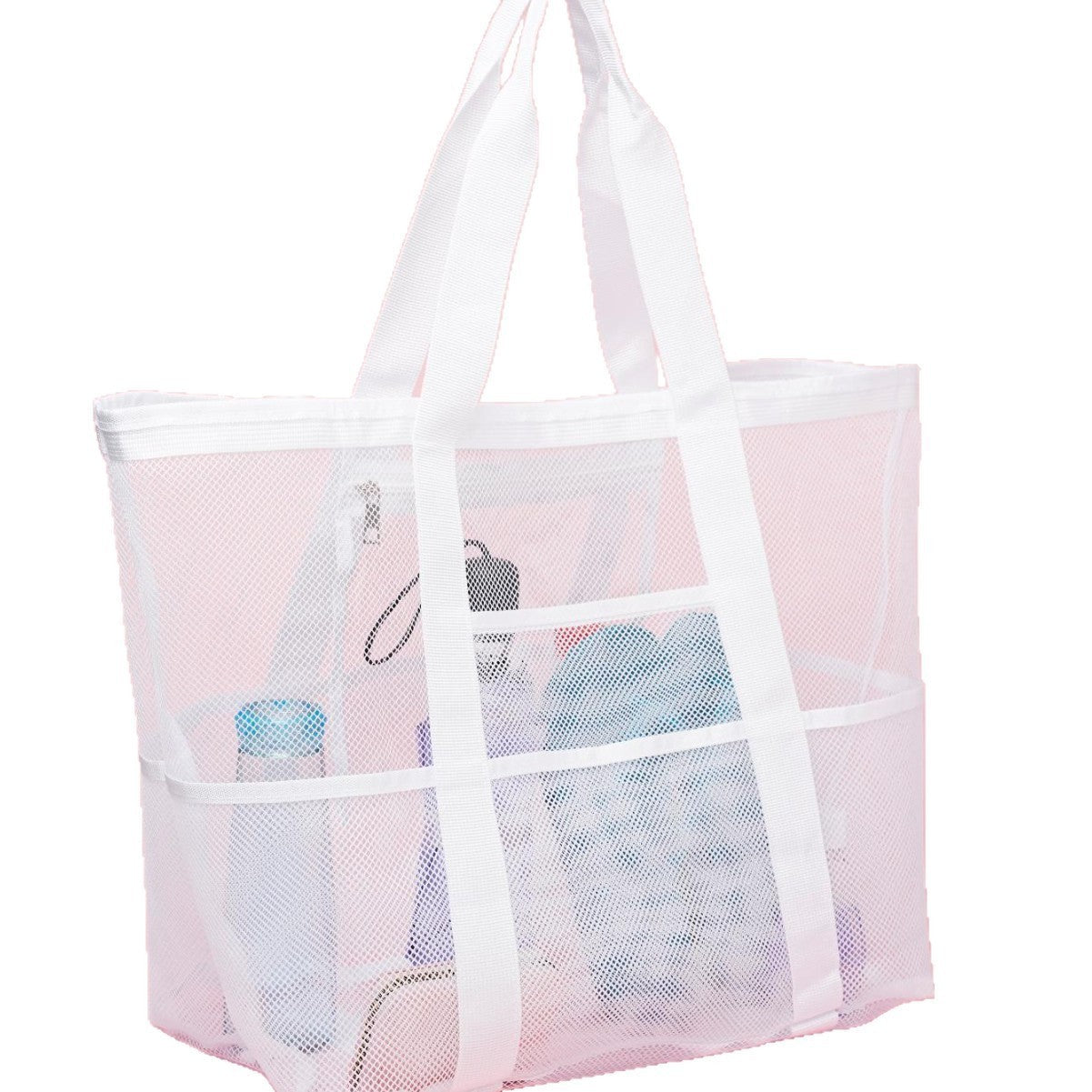 2-PCS White Mesh Beach Tote Bag â€“ Large Capacity Swim Gear Organizer with Multiple Pockets for Shoes, Swimsuits, and Essentials