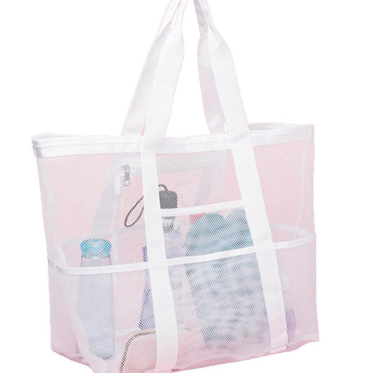 2-PCS White Mesh Beach Tote Bag â€“ Large Capacity Swim Gear Organizer with Multiple Pockets for Shoes, Swimsuits, and Essentials