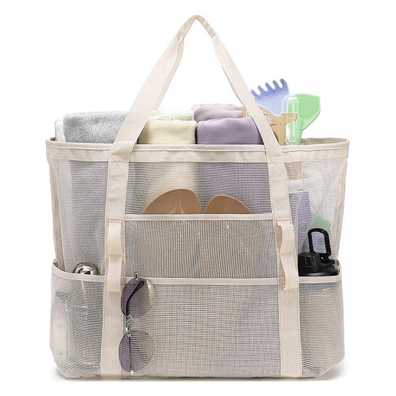 2-PCS Beige Mesh Beach Tote Bag â€“ Large Capacity Swim Gear Organizer with Multiple Pockets for Shoes, Swimsuits, and Essentials